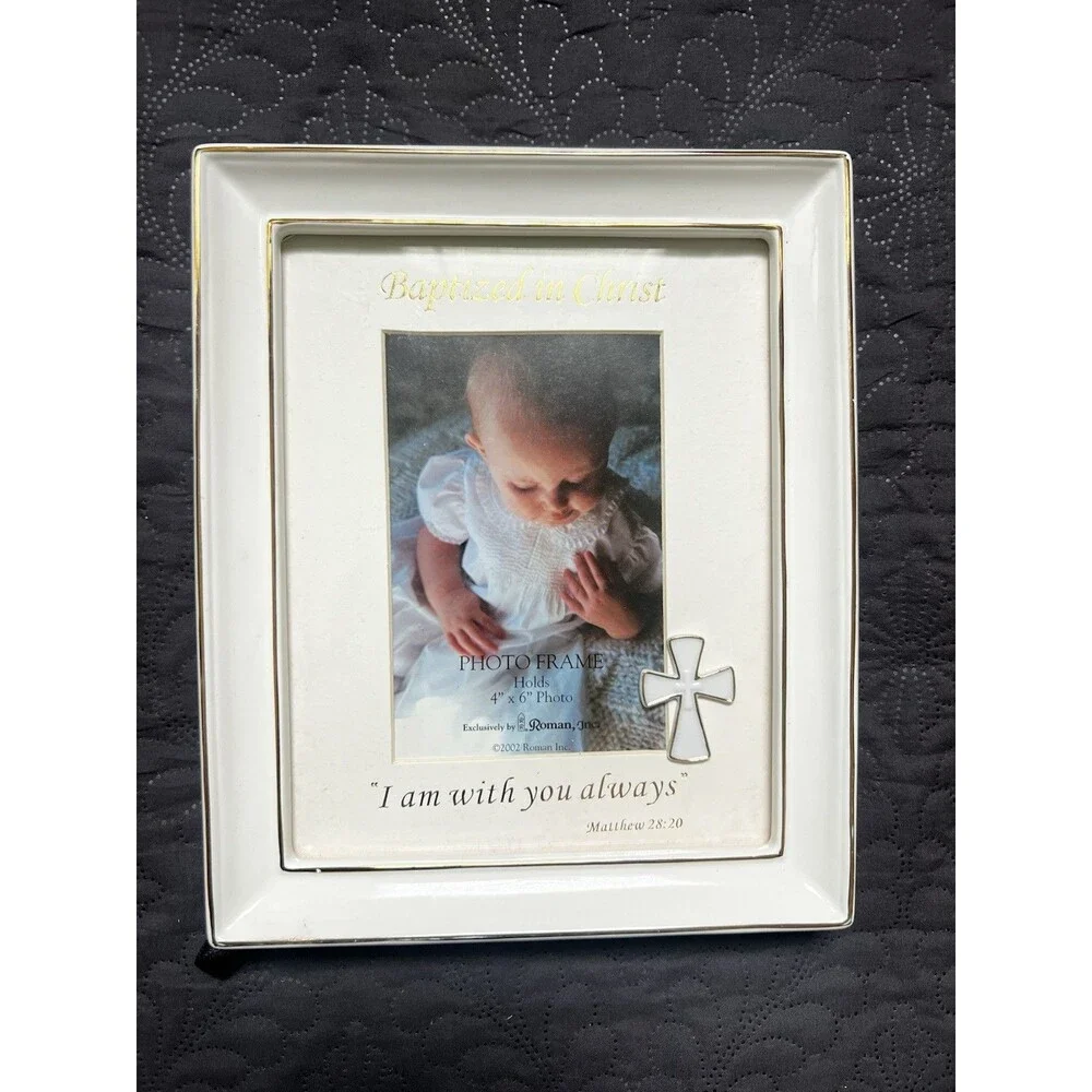 Baptized In Christ, Roman Inc. 2002 Cream & Gold Ceramic Picture Frame Deco READ